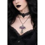 Gotik Butterfly Detaylı Mor İşlemeli Haç Kolye Unisex Metal Zincir