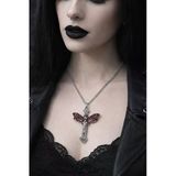Gotik Kırmızı Kanatlı Kurukafa Detaylı Haç Kolye Unisex Metal Zincir