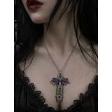 Gotik Mor Butterfly Detaylı Haç Kolye Gümüş Renk Zincir Unisex
