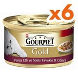 Gourmet 6x85 gr Gold Parça Etli Soslu Tavuklu Ciğerli Kedi Konservesi