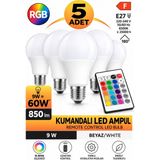Gözde Aydınlatma 5 Adet Kumandalı Rgb LED Ampul 9W | 60W Eşdeğer Güç | 850 Lümen E27 Duy | Uzaktan Kumandalı Renkli Aydınlatma | Ev Oda Salon Ofis Için Pratik Kontrollü LED Ampul - 5li