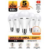 Gözde Aydınlatma 5 Adet Şarjlı LED Ampul 9W | 60W Eşdeğer Güç | 830 Lümen E27 Duy | 6500K 220-240V 50/60Hz | 180° Aydınlatma Açısı Ev Oda Salon Ofis Için Pratik Aydınlatma - 5Lİ
