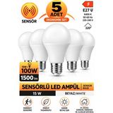 Gözde Aydınlatma 5 Adet Sensörlü LED Ampul 15W | 100W Eşdeğer Güç | 1500 Lümen E27 Duy | 6400K 220-240V 50/60Hz | 320° Aydınlatma Açısı | Sensörlü Otomatik LED Ampul | Ev Oda Koridor Merdiven Için Pratik Aydınlatma - 5li