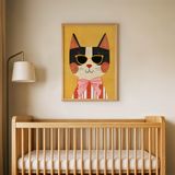 Gözlüklü Fiyonklu Kedi Çocuk Odası Duvar Posteri Çerçeveli Tablo Duvar Dekorasyonu - 21 x 30 - Ahşap Çerçeveli