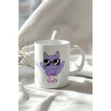 Gözlüklü Kedi Figürlü 330ML Baskılı Beyaz Seramik Kupa Bardak - 001 - Beyaz - 330 ml