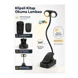 Gözü Yormayan Klipsli Kitap Okuma Işığı 3W Smd Led Mandallı Pilli Lamba 360° Esnek Boyun Sarı Ve Beyaz Işık
