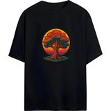 Grafftee Unisex %100 Organik Pamuk Relaxed Fit Yuvarlak Yakalı Ağaç Baskılı T-Shirt - Siyah