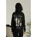 Grafik Sırt Baskılı Erkek Sokak Stili Siyah Üç İplik Kapüşonlu Oversize Sweatshirt
