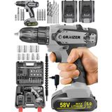 Graizer 58 V 5 Ah Darbeli Metal Dişli Çift Akülü Şarjlı Vidalama Matkap 24 Parça Usta Set Sta Gray