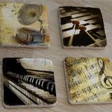 Gramofon Piano Ksilofon ve Notalar Doğal Taş Bardak Altlığı 4'lü set - Natural Stone Coasters