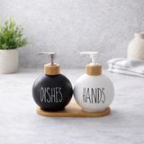 Grand Concept Store 2’li Cam Sıvı Sabunluk Seti – Bambu Tepsili Siyah & Beyaz Mutfak Banyo Sabunluk Modern Dekoratif