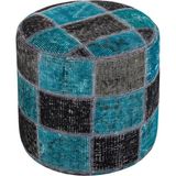Grand Hedef Halı Gerçek El Dokuma Siyah Turkuaz Rengi Patchwork Halıden Yapılan Puf - 40x40 cm