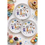 grandora Çocuk Desenli Pasta Tabağı 20 cm – 6’lı Set - Renkli Aile Figürlü Tatlı, Pasta veya İkram Tabak