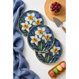 grandora Lacivert Fonlu Nergis Çiçek Desenli (6 Adet 20 CM) Pasta Tabağı Seti – Tatlı ve Kahvaltı Sunum Tabağı