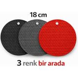 GRANİTLE İLERİ DÖNÜŞÜM 18 cm Silikon Nihale 3’lü Set (Siyah-Kırmızı-Gri) | Isıya Dayanıklı, Kaymaz Tencere & Çaydanlık Altlığı