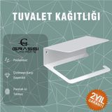 Grassi Beyaz Raflı Tuvalet Kağıtlığı - Siyah, Paslanmaz Metal, Duvara Monte, Telefon ve Aksesuar Raflı, Şık ve Dayanıklı