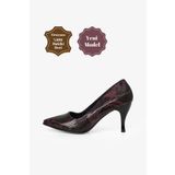 Grasyano Hakiki Deri Bordo Yılan Desenli Yumuşak Premium Deri Konforlu 7,5 Cm Ökçe Zarif Stiletto Ayakkabı