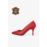 Grasyano Hakiki Deri Kırmızı Sivri Burun Premium Yumuşak Deriden Sade Noel Comfort 7,5 Cm Ince Topuk Stiletto