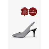Grasyano Hakiki Deri Sandalet Gri Konforlu Yumuşak Gerçek Deri Arkası Açık 7,5 Cm Stiletto Topuklu Sandalet
