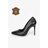Grasyano Hakiki Deri Siyah Sade Şık Comfort Premium Yumuşak Deriden 10,5 Cm Ince Yüksek Stiletto Ayakkabı