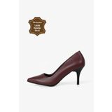 Grasyano Hakiki Deri Stiletto Bordo Sivri Burun Yumuşak Deri Sade Klasik Konforlu 7,5 Cm Ince Topuk Ayakkabı