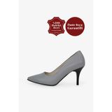 Grasyano Hakiki Deri Stiletto Taş Gri Sivri Burun Yumuşak Deriden Sade Konforlu 7,5 Cm Ince Topuklu Stiletto