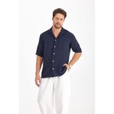 Gray Clothing Keten Dokulu Bol Kalıp Kısa Kollu Yazlık Oversize Erkek Gömlek Lacivert