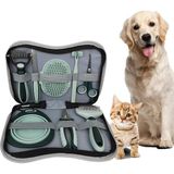 GreaTech 8 Parça Evcil Hayvan Tarak Makas Seti Kedi ve Köpek Bakım Makası Banyo Fırçası Su Kasesi - Gri - Yeşil
