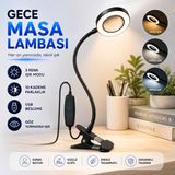 GreaTech Akrobat Hareketli Masa Lambası USB Girişli 3 Modlu Göz Koruyucu Klipsli LED Masa Lambası Sarı Beyaz Gün Işığı - Siyah