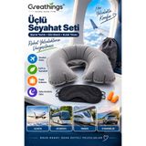 Greathings 3'lü Seyahat Seti Şişme Boyun Yastığı Uyku Göz Bandı Kulak Tıkacı Uçak Otobüs