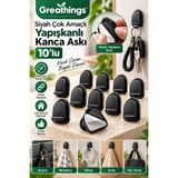 Greathings Siyah Çok Amaçlı Yapışkanlı Kanca Askı 10'lu Anahtar Kablo Kulaklık Tutucu
