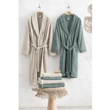 Green Black Anisa Yeşil/Bej "M-L" %100 Pamuk Air Twist 10 Parça Aile Bornoz Seti