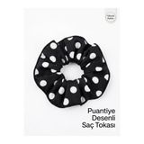 Green'DAL Puantiyeli Scrunchie Saç Tokası Siyah Beyaz Lastik Toka