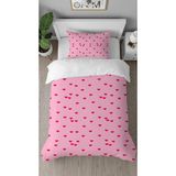 Greendecor Aşk Kalp Pembe Çiçek Deseneli Dijital Tasarımlı Baskılı Çarşafsız Şık Tek Kişilik Nevresim Takımı - 160 x 220 cm