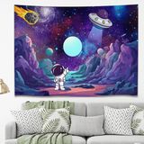 Greendecor Astronot Uzay Gezegen Yıldız Ay Duvar Örtüsü Duvar Halısı Duvar Sanatı Dekoratif Duvar Dekorasyonu - Lacivert - 95 x 70 cm