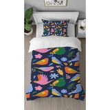 Greendecor Bülbül Çiçek Yaprak Desenli Tasarımlı Dijital Baskılı Özel Tasarım Çarşafsız Çocuk Nevresim Takımı - Lacivert - 160 x 220 cm