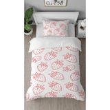 Greendecor Çilek Meyve Pembe Beyaz Desenli Baskılı Özel Tasarım Çarşafsız Tek Kişilik Modern Şık Nevresim Takım - 160 x 220 cm