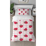 Greendecor Çilek Meyve Pembe Kare Desenli Baskılı Özel Tasarımlı Çarşafsız Tek Kişilik Tarz Şık Nevresim Takımı - 160 x 220 cm