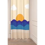 Greendecor Deniz Dalga Güneş Bej Mavi Renk Bohem Desenli Özel Tasarım Dijital Baskılı (Tek Kanat) Şık Fon Perde - Ekru - 135 x 250 cm