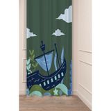 Greendecor Gemi Yıldız Deniz Bulut Yaprak Bohem Desenli Özel Tasarım Dijital Baskılı (Tek Kanat) Şık Fon Perde - Yeşil - 135 x 200 cm