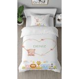 Greendecor Isim Yazılabilir Ayıcık Zürafa Desenli Dijital Baskılı Özel Tasarım Çarşafsız Çocuk Nevresim Takımı - Beyaz - 160 x 220 cm