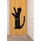 Greendecor Kedi Yıldız Gece Uzay Ay Siyah Bohem Desenli Özel Tasarım Dijital Baskılı (Tek Kanat) Şık Fon Perde - 135 x 250 cm