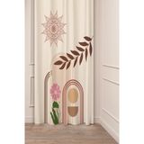 Greendecor Minimalist Soft Sade Pastel Yaprak Bohem Özel Tasarım Dijital Baskılı (Tek Kanat) Bej Krem Fon Perde - Mor - 135 x 200 cm
