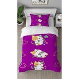 Greendecor Sevimli Kediler Desenli Dijital Baskılı Özel Tasarım Çarşafsız Tek Kişilik Nevresim Takımı - Mor - 160 x 220 cm