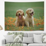 Greendecor Tatlı Köpekler Yavrusu Golden Duvar Örtüsü Halısı Duvar Sanatı Duvar Dekorasyonu Dekoratif Tapestry - Yeşil - 200 x 140 cm