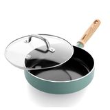 GreenPan Mayflower sağlıklı seramik yapışmaz güveç tavası 24 cm/2,7 litre kapaklı, vintage ahşap sap, PAS içermez, indüksiyon, duman mavisi