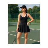 Grenj Fashion Siyah Biye Detaylı İçi Şortlu Tenis Örme Spor Elbise