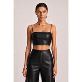 Grenj Fashion Siyah İnce Askılı Vücuda Oturan Suni Deri Süper Crop Bluz