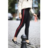 Grenj Fashion Siyah Yanı Kırmızı Ve Deri Biyeli Yüksek Bel Toparlayıcı Tayt