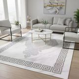 Gri Beyaz Dijital Baskılı Halı Kaymaz Tabanlı Modern Geometrik Bordürlü Dekoratif Salon Ve Oda Taban